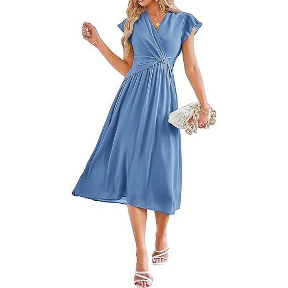 Jasambac Women's Blue‎ Maxi Dress V Neck Short Sleeve Twist Front Formal